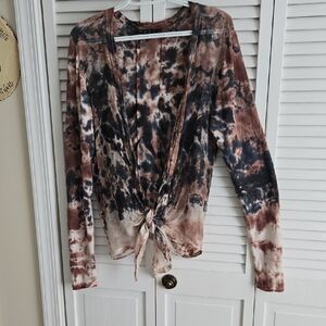 Mezon Brown and Black Tie-Front Long Sleeve Cardigan